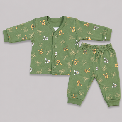 Krunchy Newborn Baby Printed Shirt & Pajama Set | Green Bunny Print