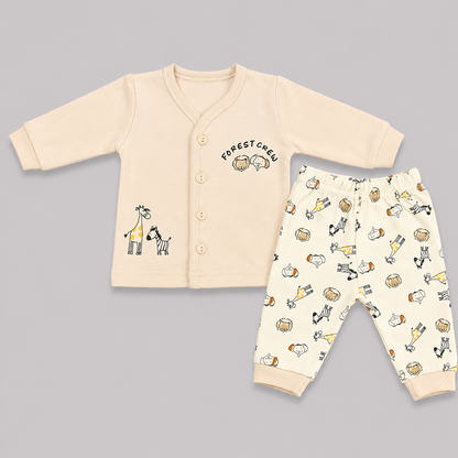 Krunchy Newborn Baby Cream Front Open Top & Printed Pant Set