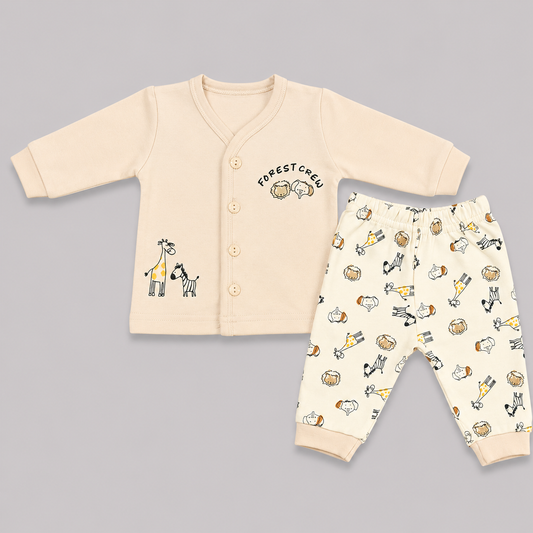 Krunchy Newborn Baby Cream Front Open Top & Printed Pant Set