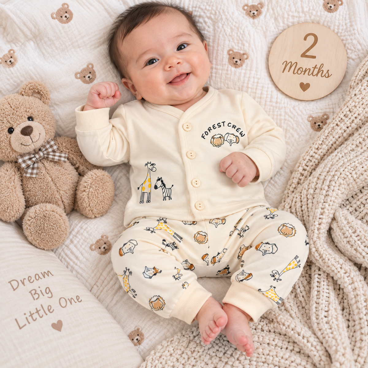 Krunchy Newborn Baby Cream Front Open Top & Printed Pant Set