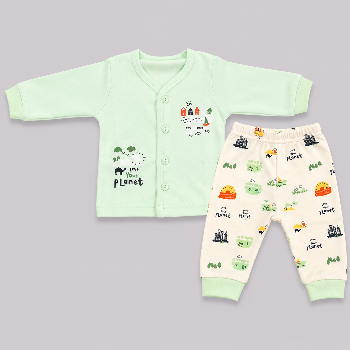Krunchy Newborn Baby Green Front Open Top & Pant Set | Love Your Planet
