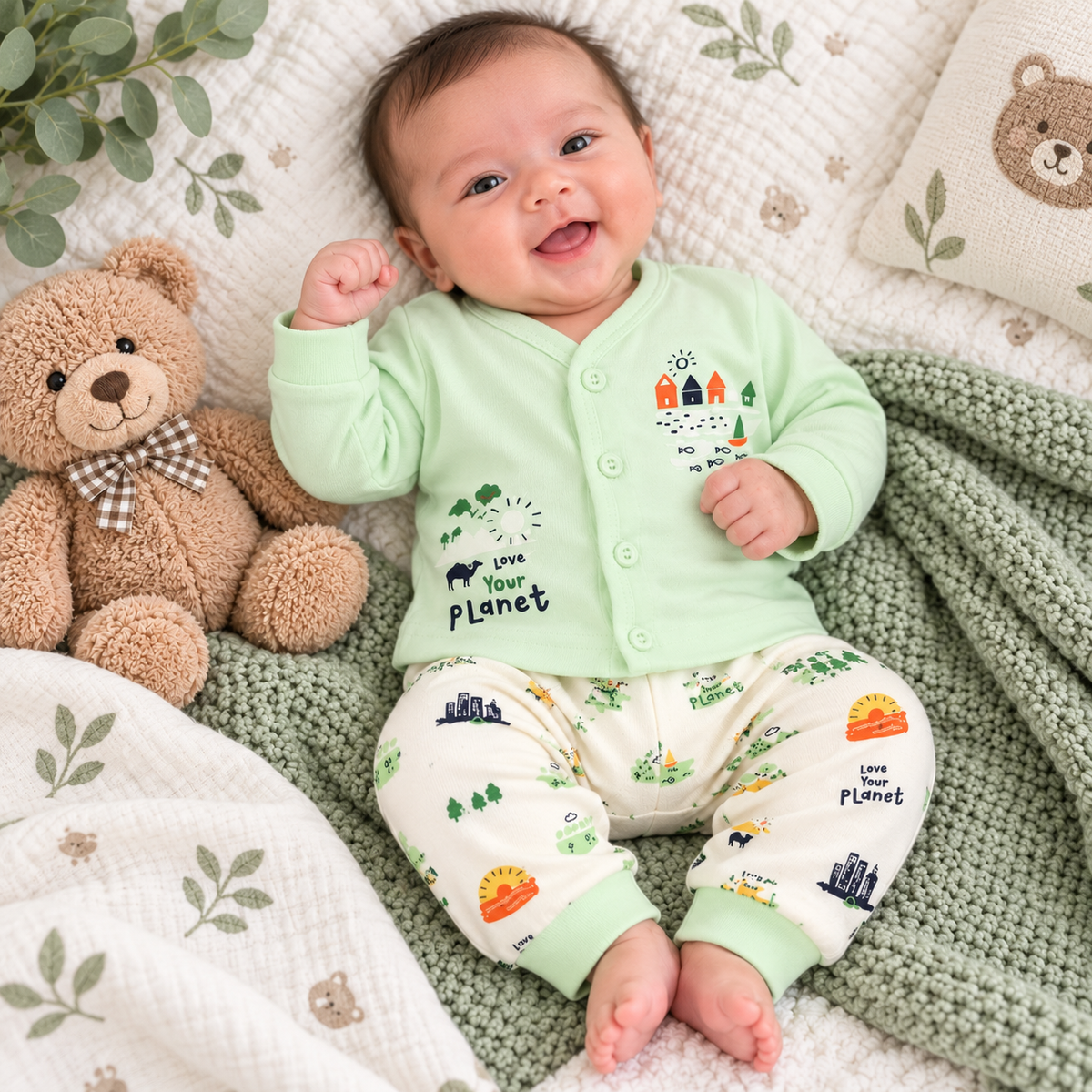 Krunchy Newborn Baby Green Front Open Top & Pant Set | Love Your Planet | cutypi