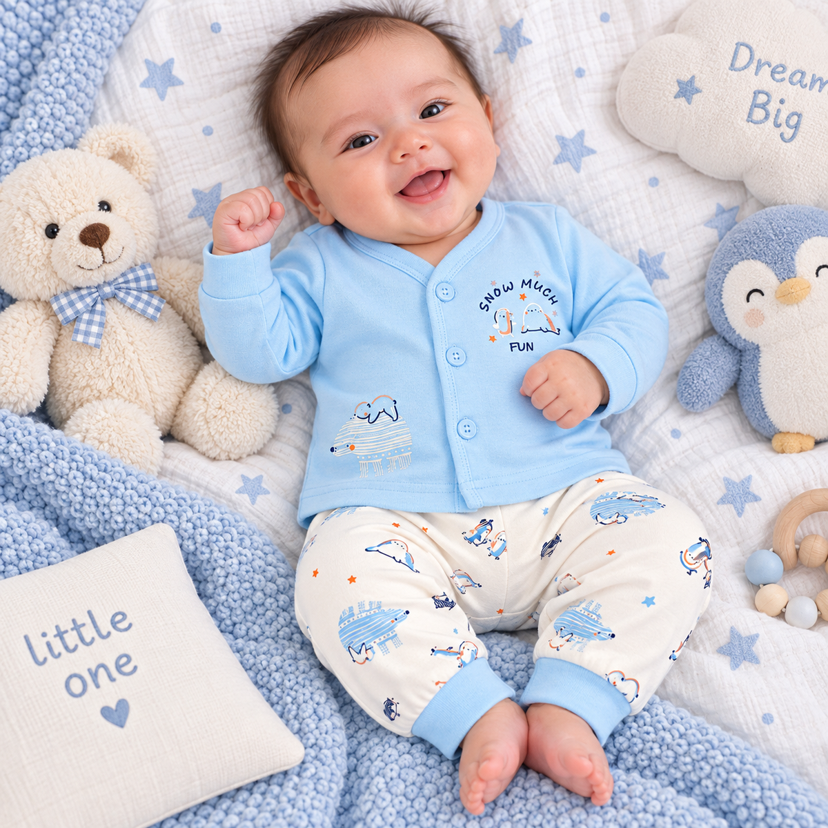 Krunchy Newborn Baby Boys Sky Blue Front Open Top & Pant Set | Cutypi