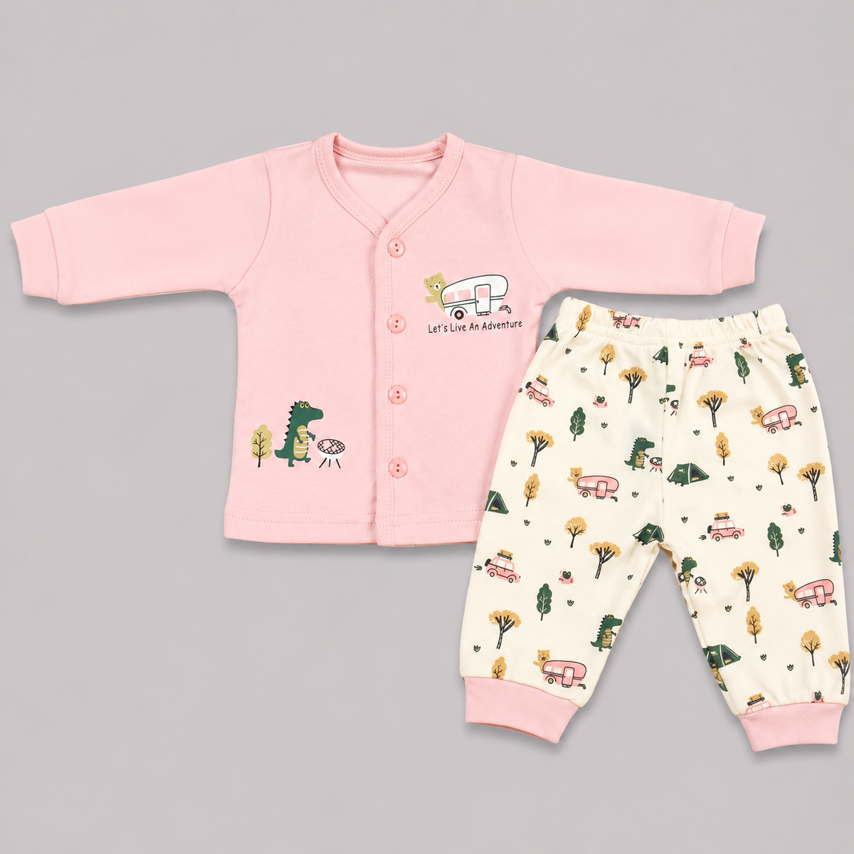 Krunchy Newborn Baby Pink Front Open Top & Pant Set