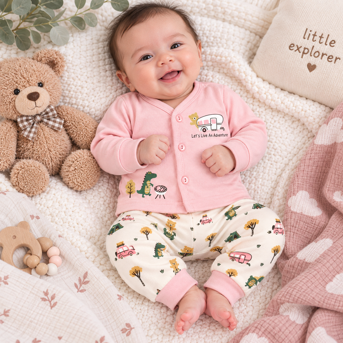 Krunchy Newborn Baby Pink Front Open Top & Pant Set | Cutypi