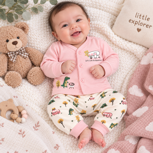 Krunchy Newborn Baby Pink Front Open Top & Pant Set | Cutypi