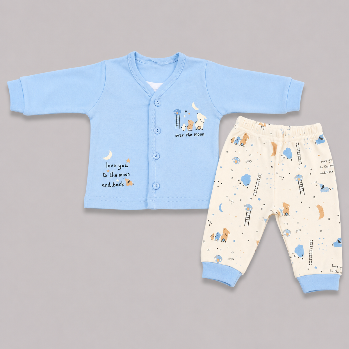 Krunchy Baby Boys Sky Blue Full Sleeve Front Open Top & Printed Pant Set