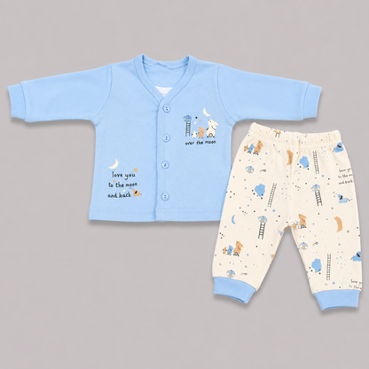 Krunchy Baby Boys Sky Blue Full Sleeve Front Open Top & Printed Pant Set