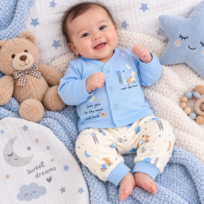 Krunchy Baby Boys Sky Blue Full Sleeve Front Open Top & Printed Pant Set