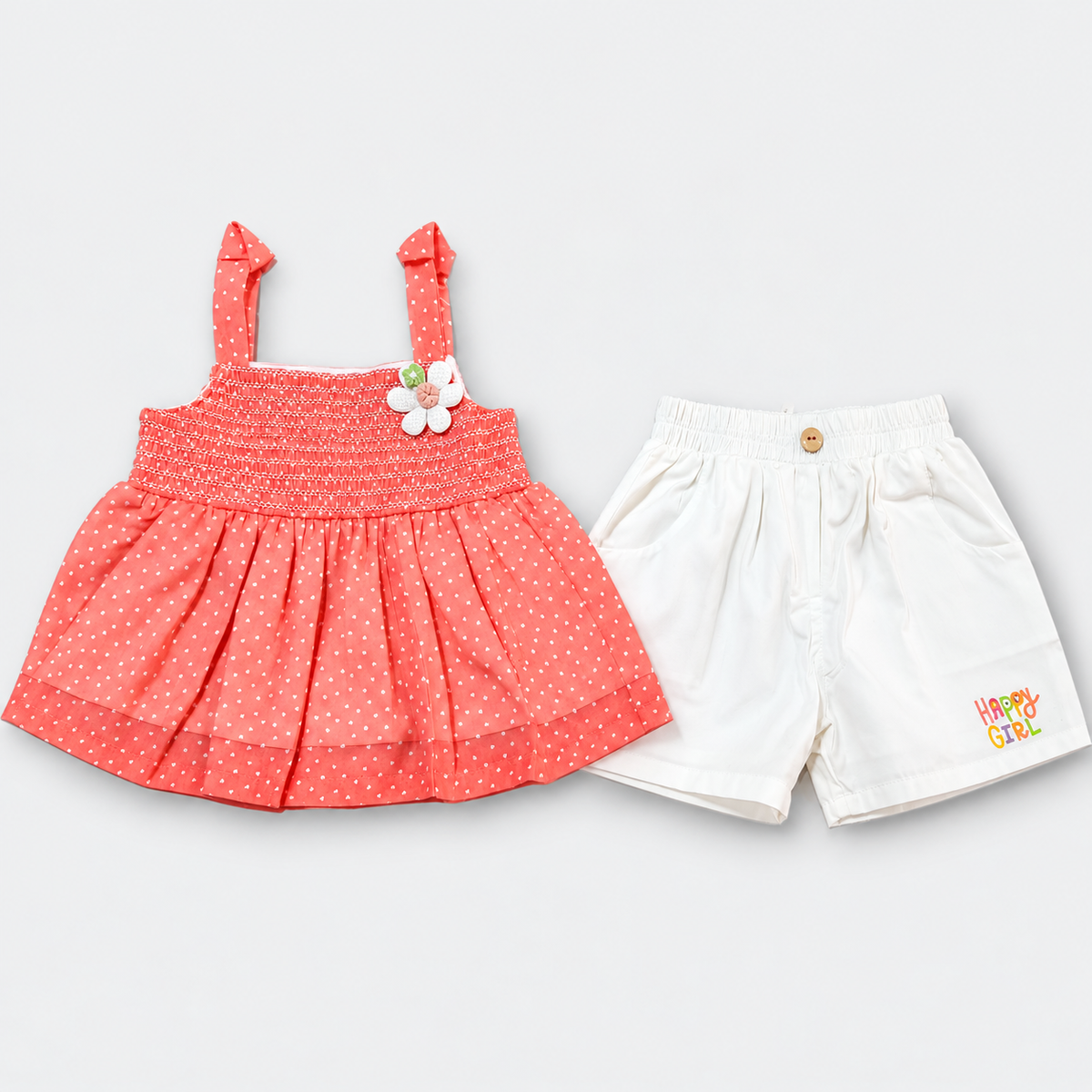 Girls Coral Printed Dress & White Shorts Set