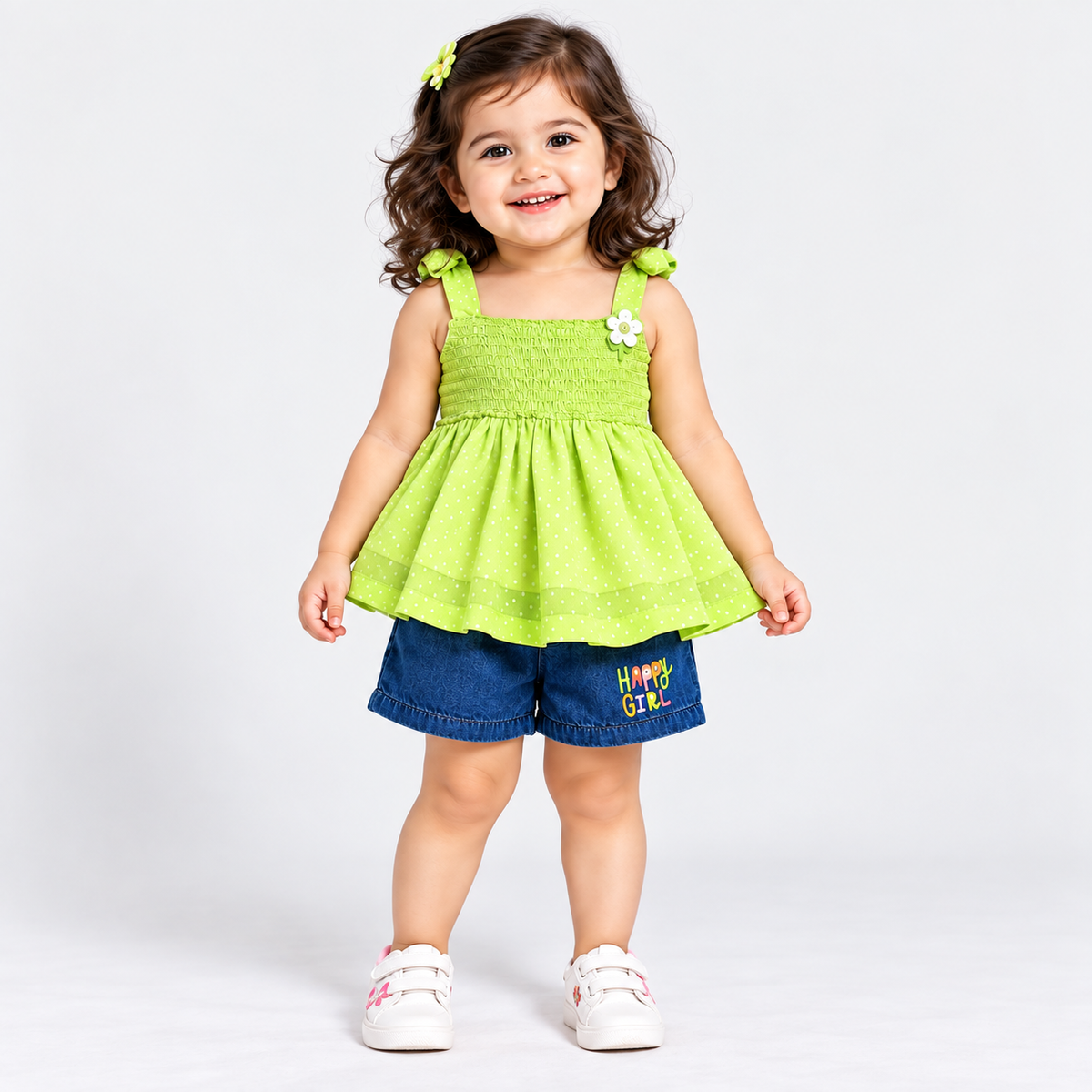 Orrigany girls green smocked sleeveless top with blue denim shorts and flower detail