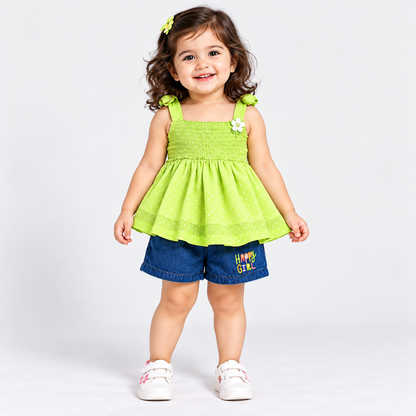 Orrigany girls green smocked sleeveless top with blue denim shorts and flower detail