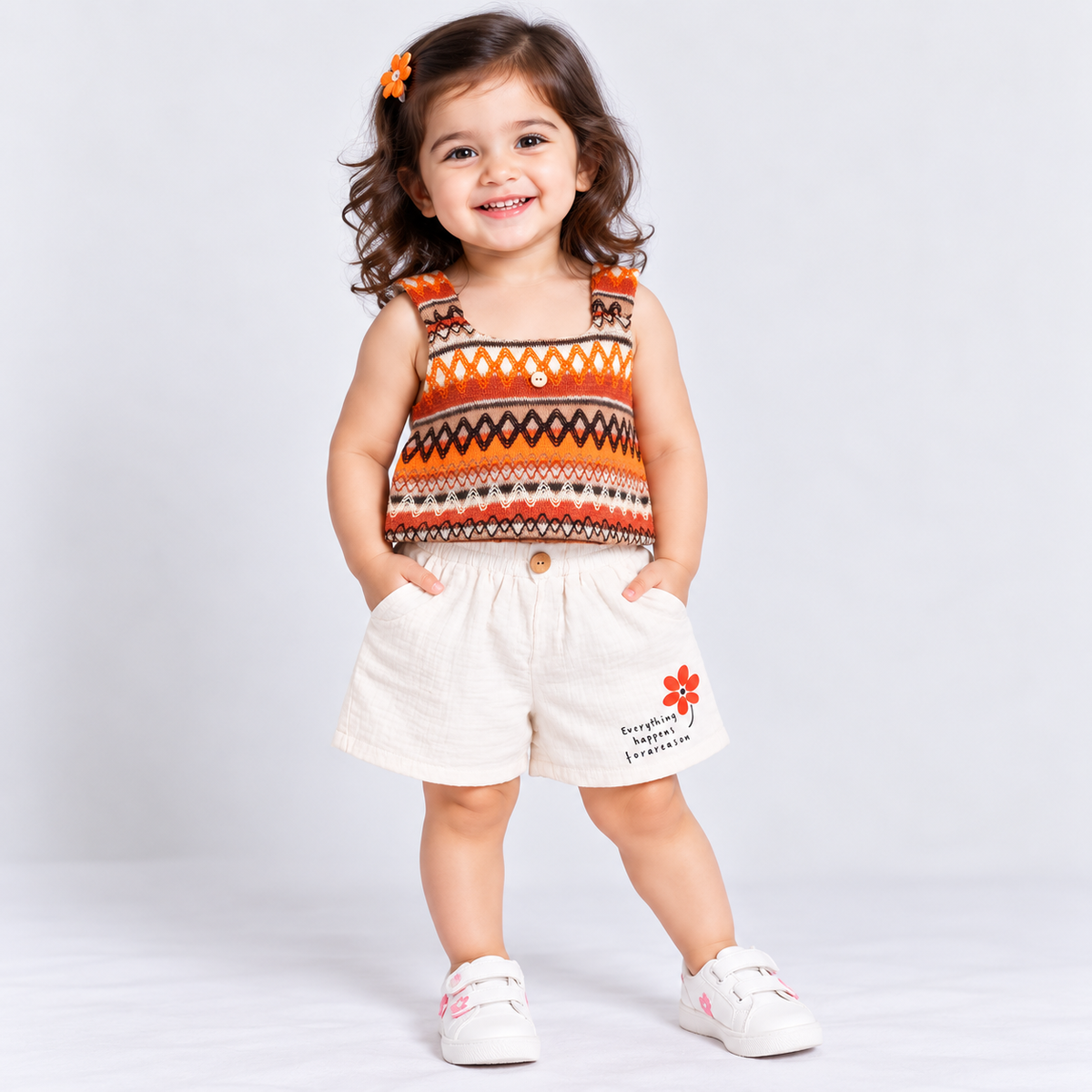 Orrigany girls printed sleeveless top with white shorts set featuring floral graphic detail