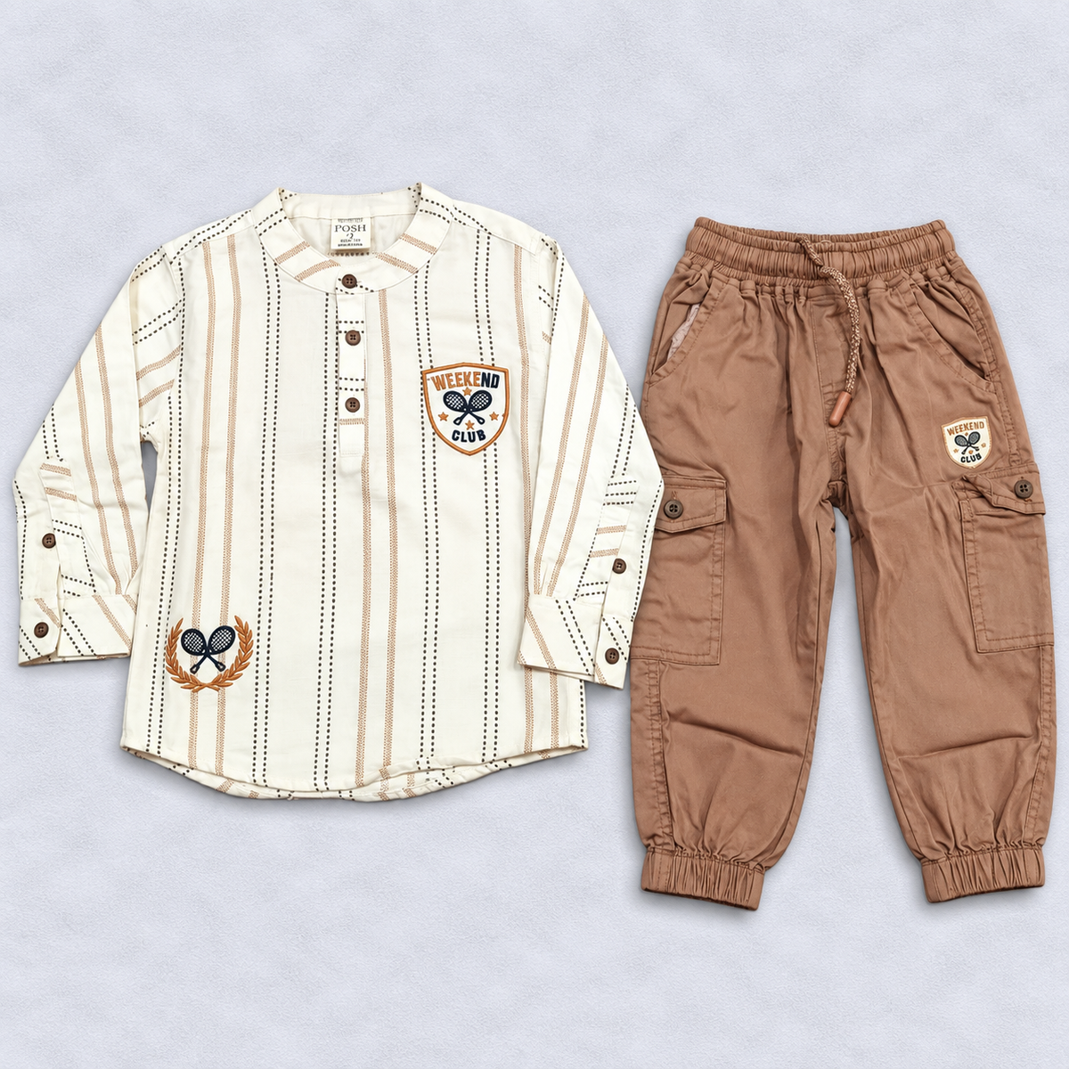 Cucumber Boys White Striped Explorer Shirt & Green Cargo Pants Set | Casual Wear