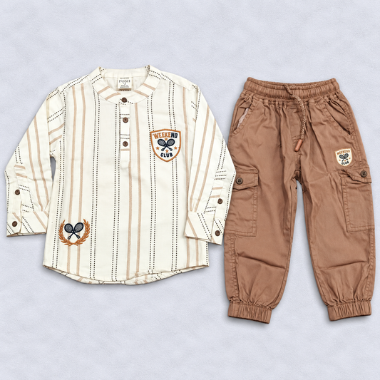 Cucumber Boys White Striped Explorer Shirt & Green Cargo Pants Set | Casual Wear
