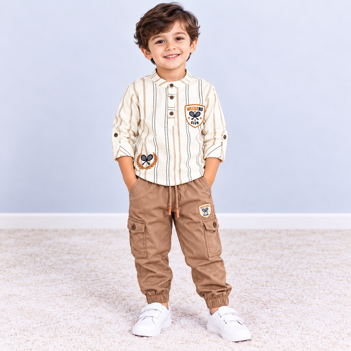 Cucumber boys cream striped full sleeve shirt with brown cargo pants set