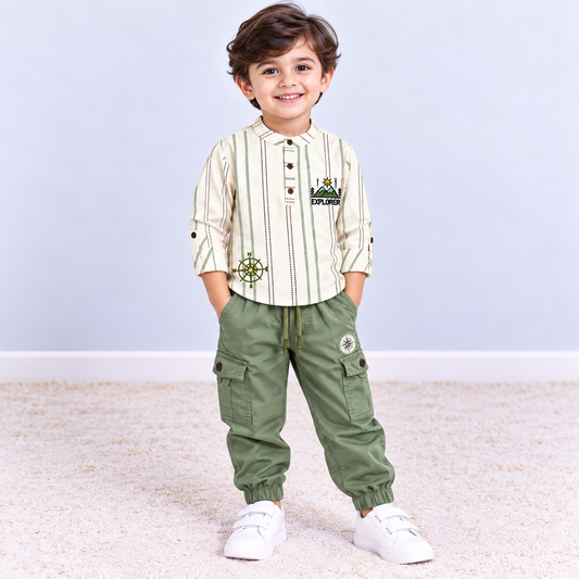 Cucumber boys white striped full sleeve shirt with green explorer cargo pants set