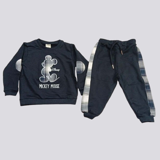 Cucumber kids black fleece sweatshirt and jogger set with Mickey Mouse print and checked side panels