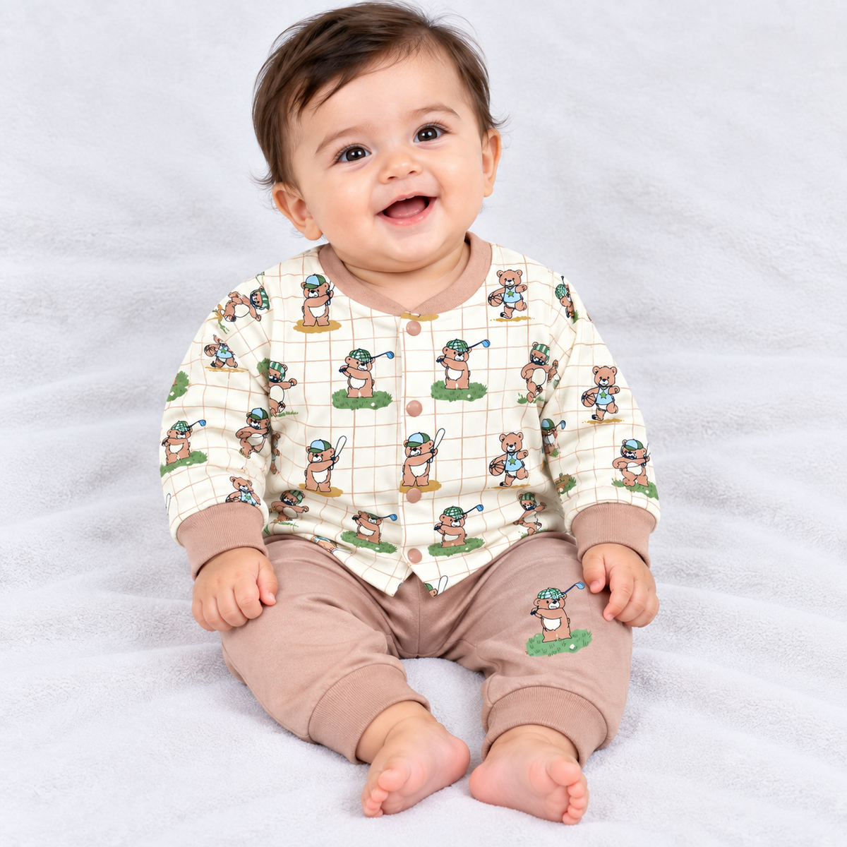 Cucumber baby boys cream and dusty pink bear print top with jogger set