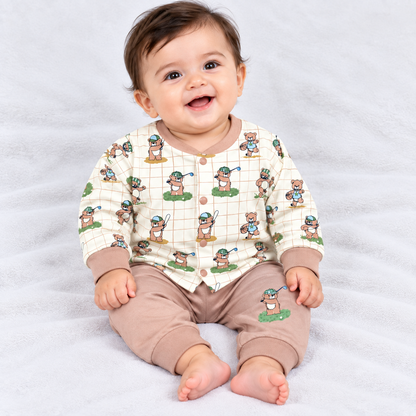 Cucumber baby boys cream and dusty pink bear print top with jogger set