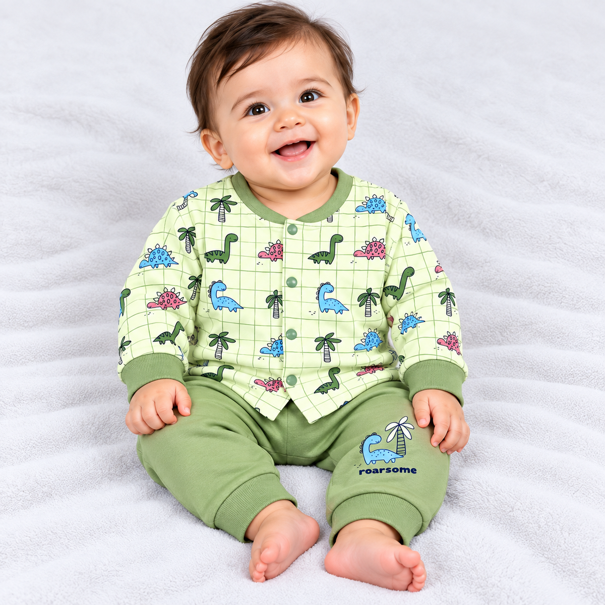 Cucumber baby boys light green dinosaur print top with green jogger set