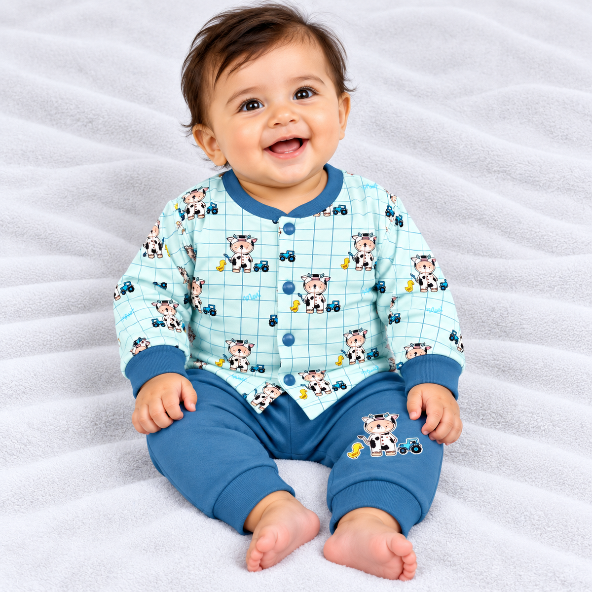 Cucumber baby boys sea blue cow and tractor print top with blue jogger set