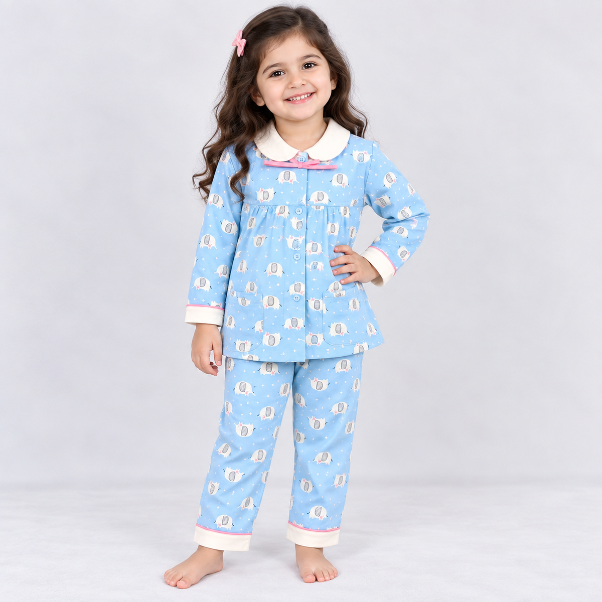 Cucumber baby girls light blue sheep print full sleeve night dress with matching pajama