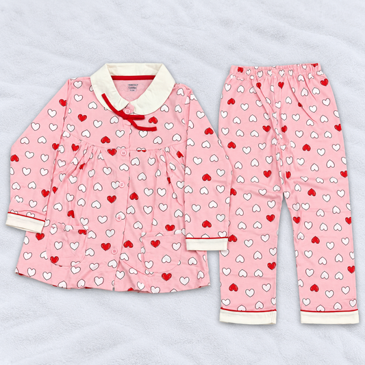 Cucumber Baby Girls Pink Heart Print Night Suit Set