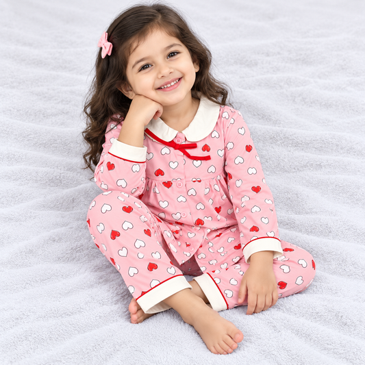 Cucumber baby girls pink heart print full sleeve night suit with matching pajama