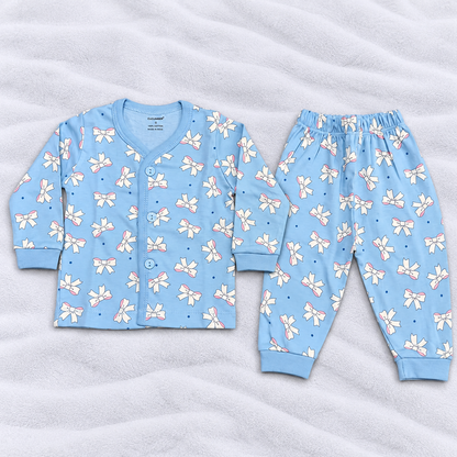 Cucumber Baby Girls Light Blue Bow Print Cotton Top & Pajama Set