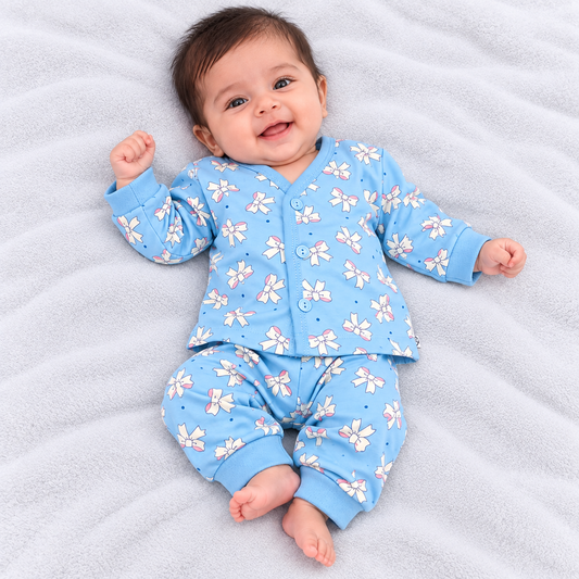 Cucumber baby girls light blue cotton top and pajama set with white bow print
