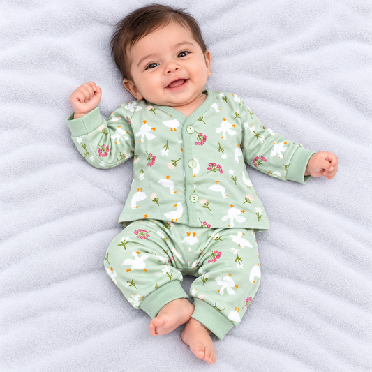 Cucumber baby girls green cotton top and pajama set with white goose and floral print