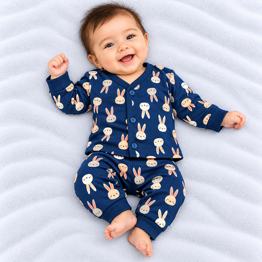 Cucumber baby girls navy blue cotton top and pajama set with cute bunny print