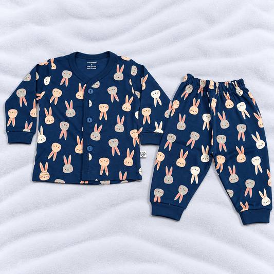 Cucumber Baby Girls Navy Blue Bunny Print Cotton Top & Pajama Set