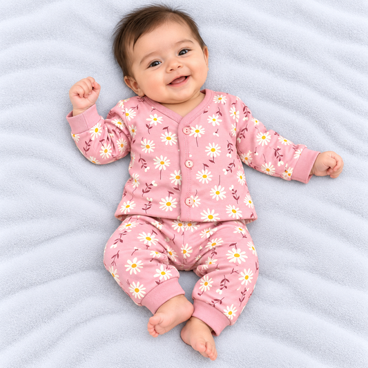 Cucumber baby girls pink cotton top and pajama set with white daisy floral print