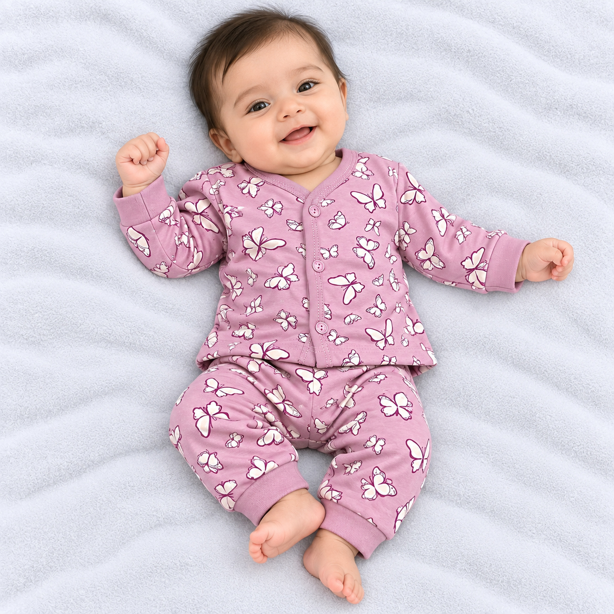 Cucumber baby girls purple cotton top and pajama set with white butterfly print