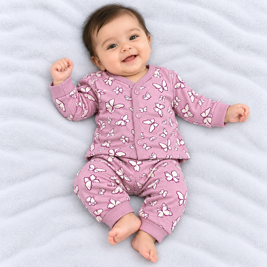 Cucumber baby girls purple cotton top and pajama set with white butterfly print