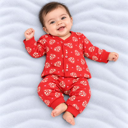Cucumber baby girls red cotton top and pajama set with all-over heart print