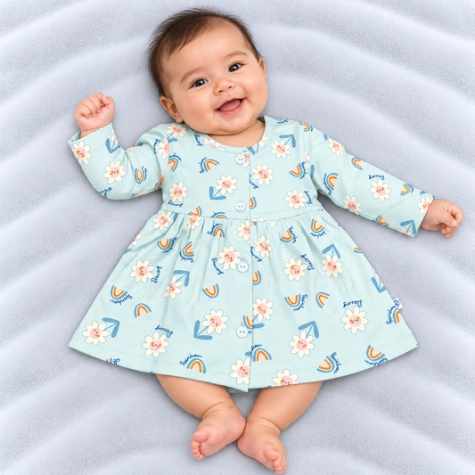 Cucumber baby girls light blue cotton dress with floral and rainbow print