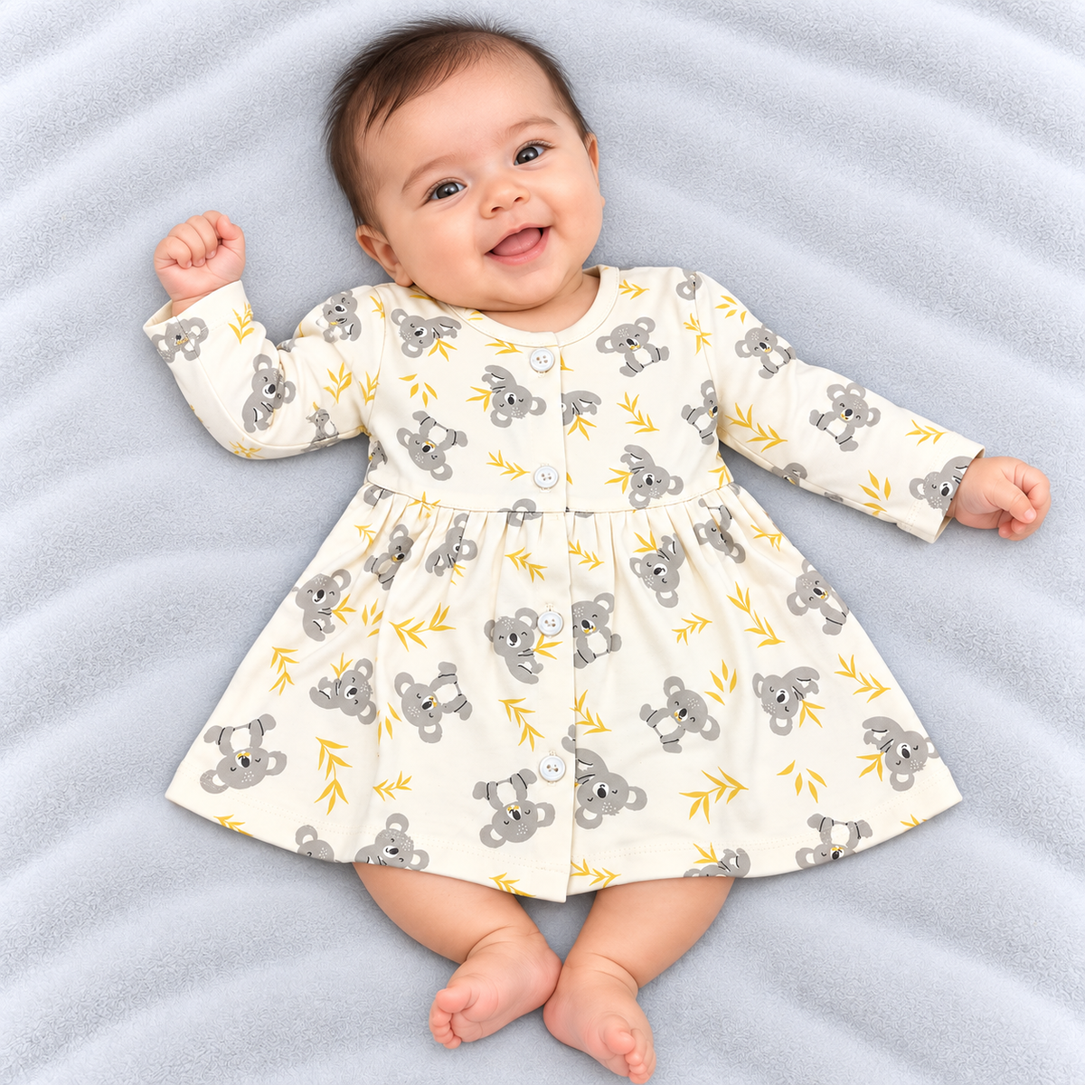 Cucumber baby girls cream cotton dress with cute koala and leaf print | Cutypi