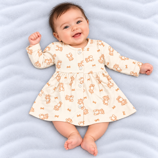 Cucumber baby girls off white cotton dress with teddy bear and bow print