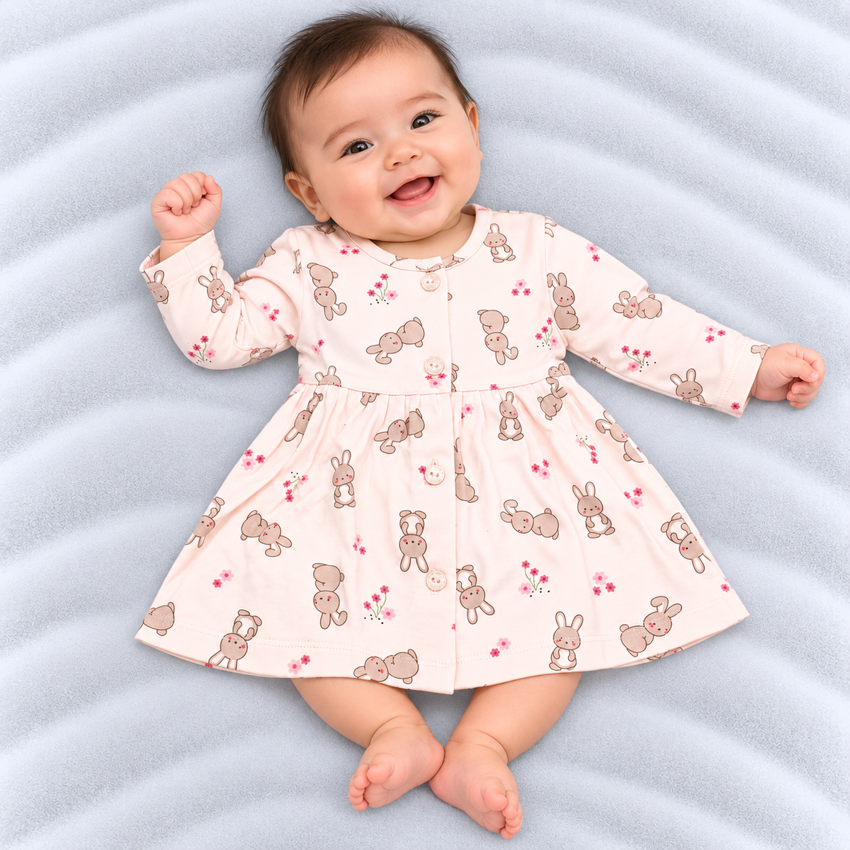 Cucumber baby girls pink cotton dress with cute bunny and floral print | Cutypi