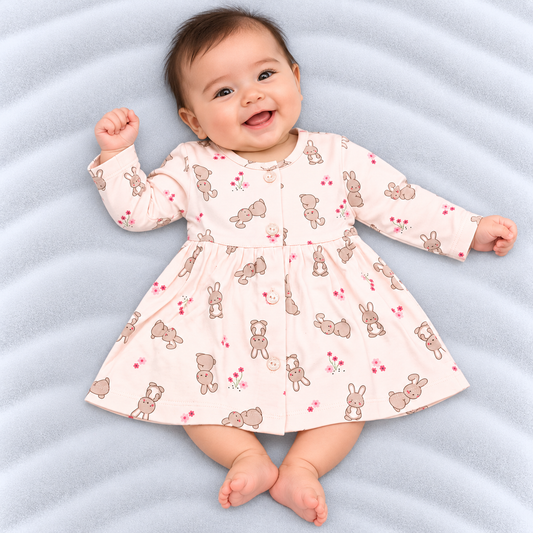 Cucumber baby girls pink cotton dress with cute bunny and floral print | Cutypi