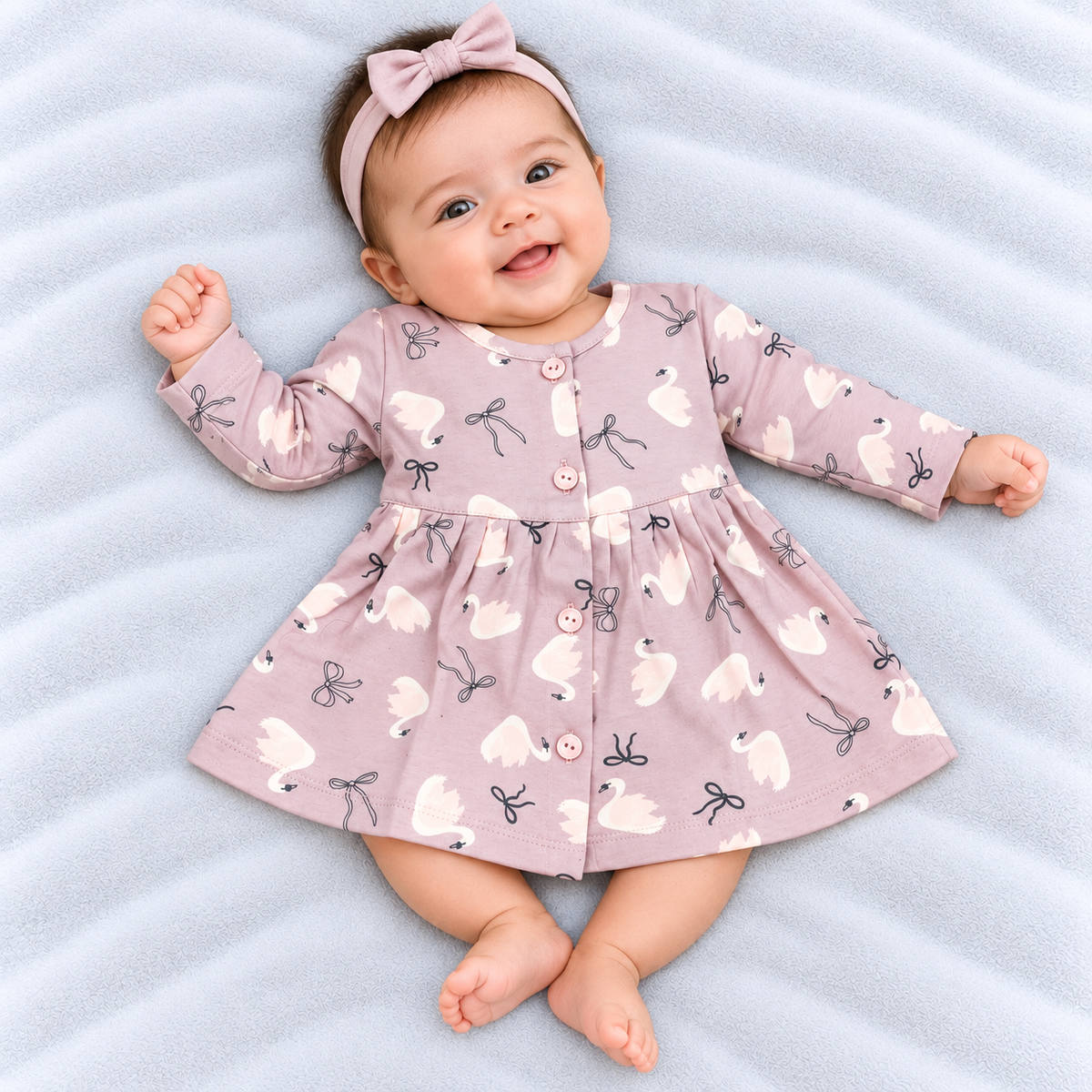 Cucumber baby girls rose pink cotton dress with swan and bow print