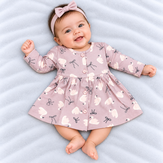Cucumber baby girls rose pink cotton dress with swan and bow print