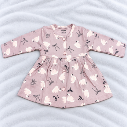 Cucumber Baby Girls Rose Pink Swan Print Cotton Full Sleeve Frock