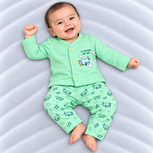 Cucumber baby boys green cotton T-shirt and pants set with airplane print