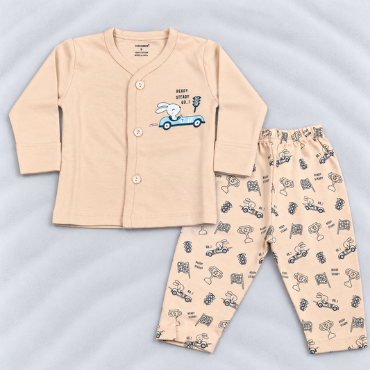 Cucumber Baby Boys Peach Cotton T-Shirt & Pants Set with Car Print