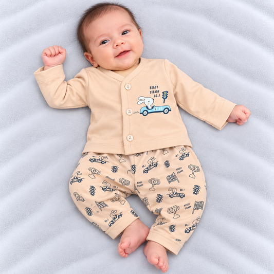 Cucumber baby boys peach cotton T-shirt and pants set with car bunny and racing print