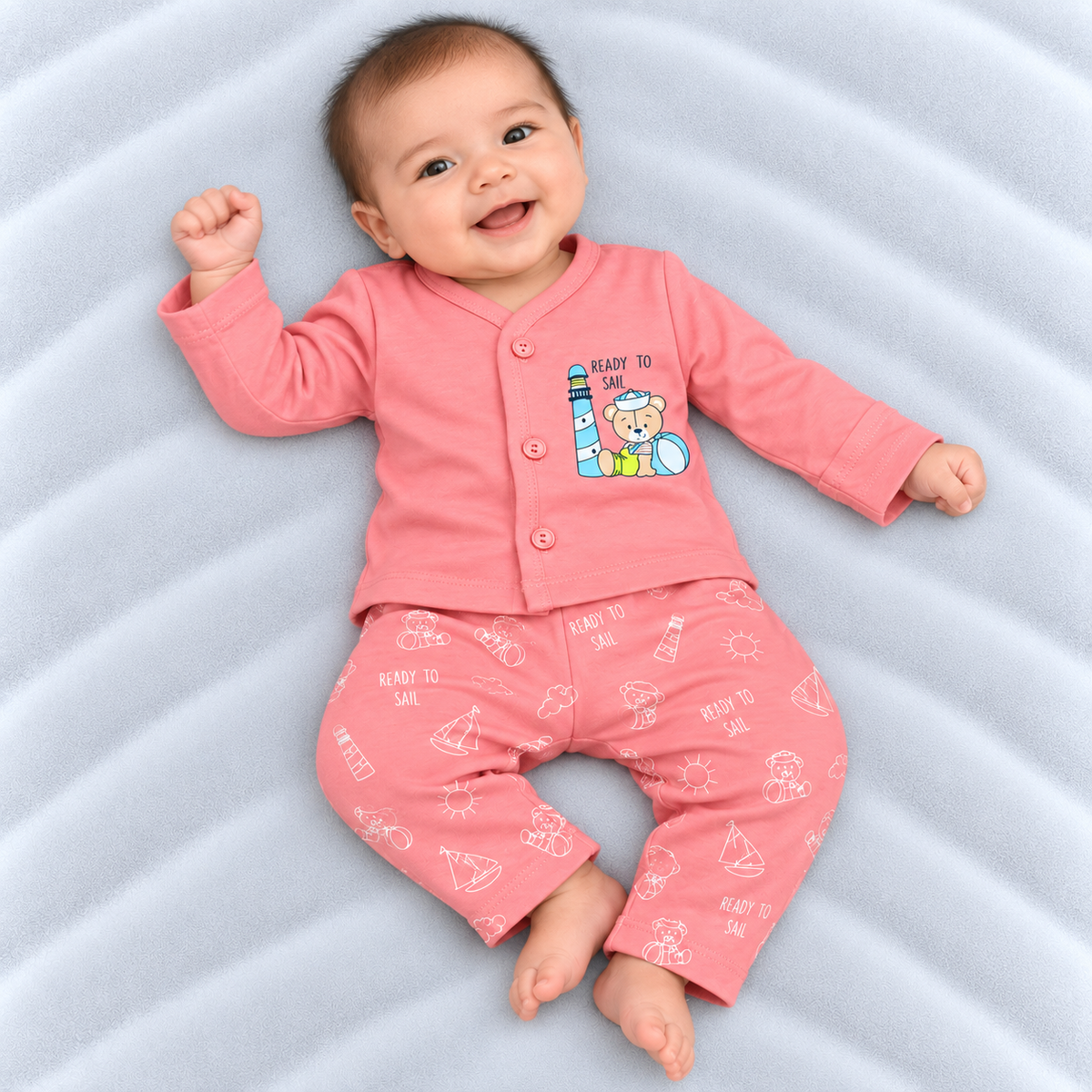 Cucumber baby girls pink cotton T-shirt and pants set with teddy sailor and lighthouse print